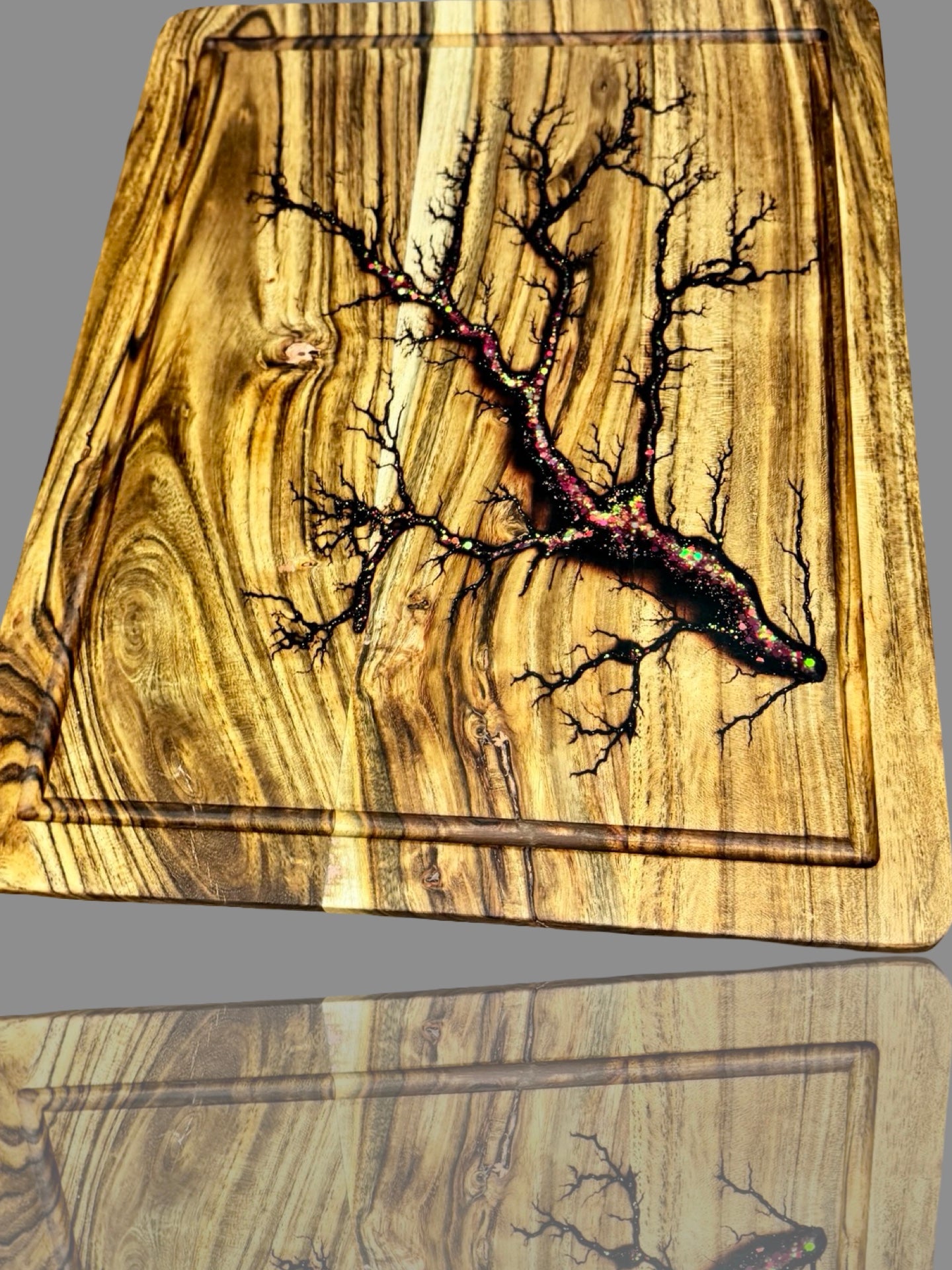 Premium resin cutting board with fractal burning art – durable Australian timber chopping board by Fractal Flow Designs 