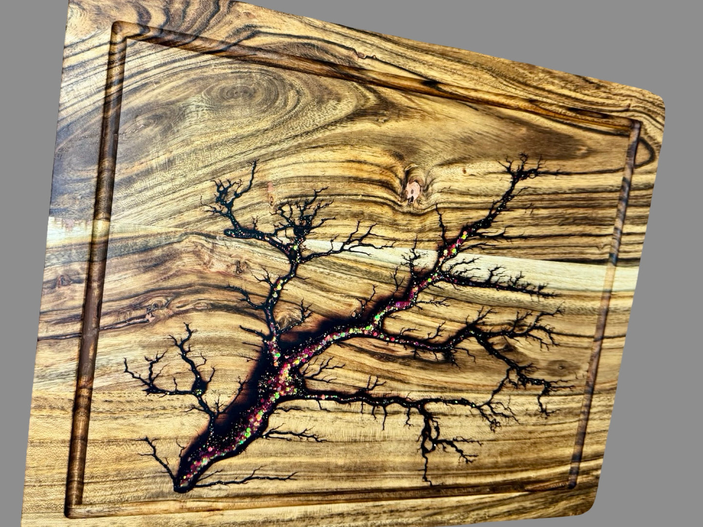 Fractal Flow Designs Fractal Burn chopping board – unique resin and timber carving board, Australian made resin and australian hardwood board