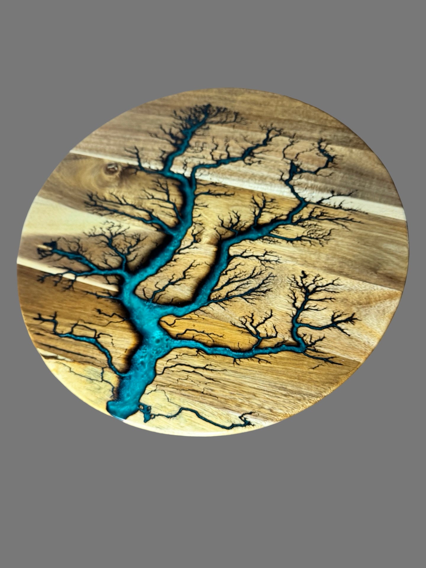 Premium marine green resin lazy Susan with lightning style fractal burn patterns handcrafted by Fractal Flow Designs using sustainable Australian hardwood
