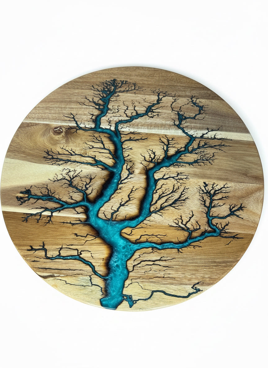 Handcrafted lazy Susan with marine green resin pour and fractal burn detailing premium Australian resin products made in East Gippsland by Fractal Flow Designs