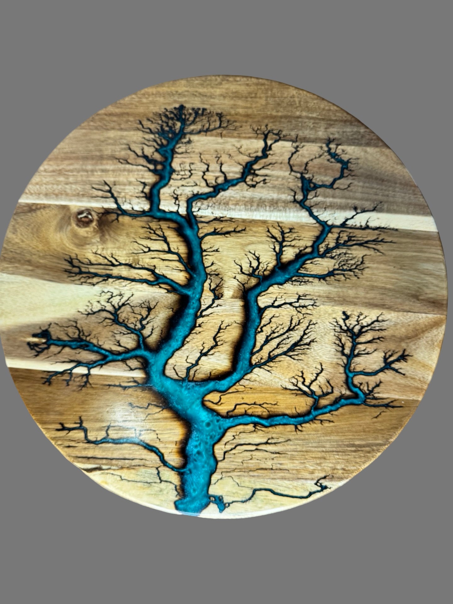 Fractal burning lazy Susan with deep marine green resin inlay artisan crafted Australian timber design ships Australia wide from East Gippsland