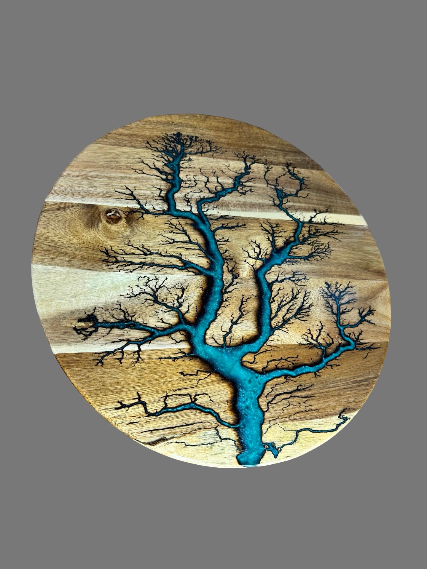 Marine green resin lazy Susan with fractal burning artwork Australian resin products handcrafted timber design by Fractal Flow Designs sustainable materials East Gippsland resin boards Australia