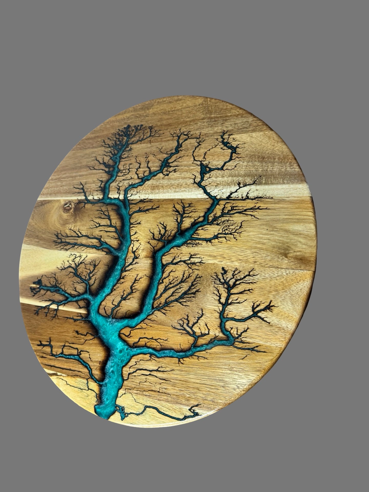 Artisan lazy Susan in marine green resin with striking fractal burning details Australian resin homewares by Fractal Flow Designs East Gippsland