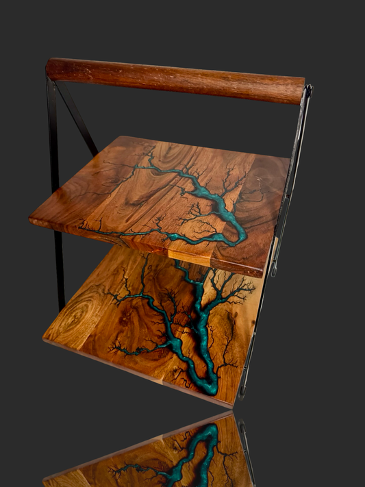 Handcrafted resin and timber cake stand by Fractal Flow Designs – premium Australian-made dessert display, serving platter, and wedding centerpiece from Bairnsdale, Victoria