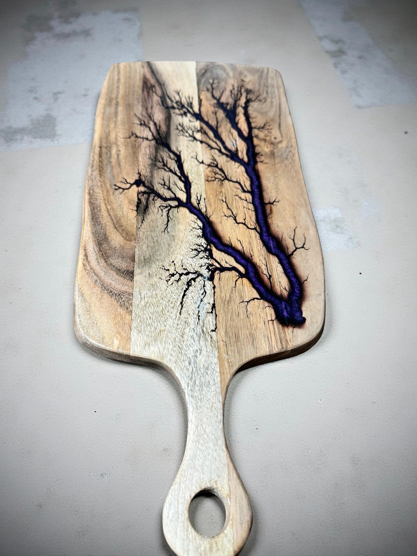 Purple resin acacia cheese board Australia made rectangle paddle with fractal burning detail