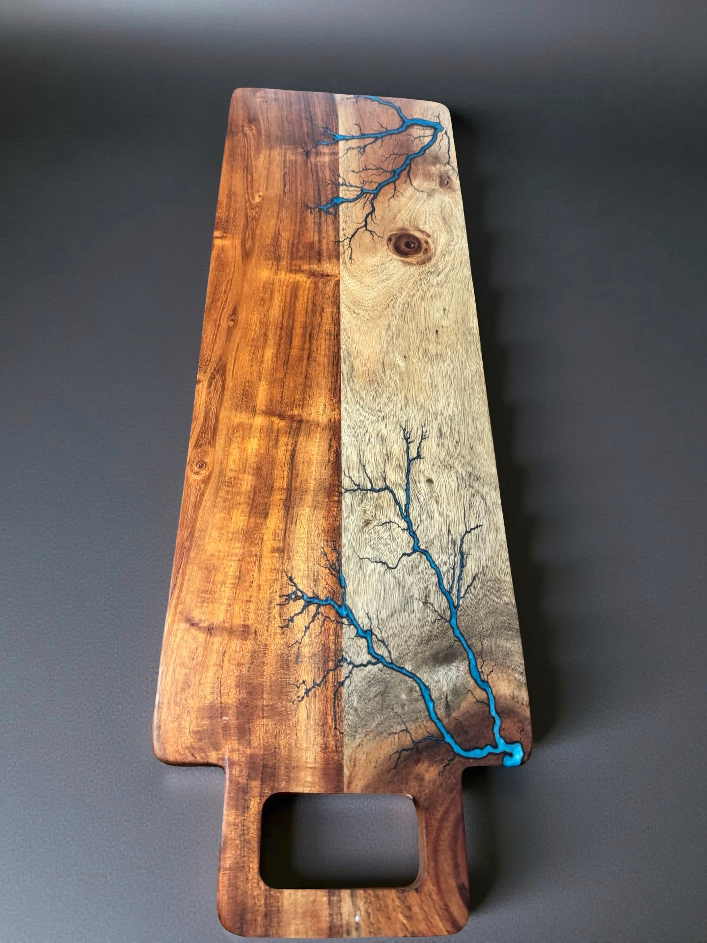 Premium long serving board 720 x 220 featuring fractal burning artwork on live edge Australian timber