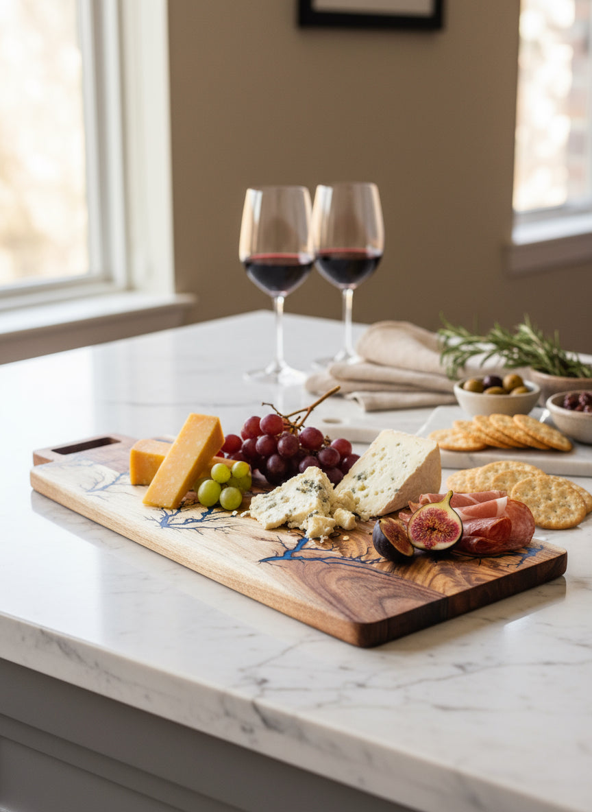 Luxury charcuterie grazing platter with resin inlay, artisan made in East Gippsland Australia