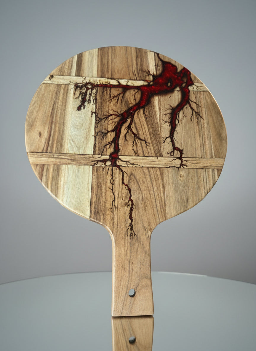 Resin cheese board with red flash detail handmade by Fractal Flow Designs Australia