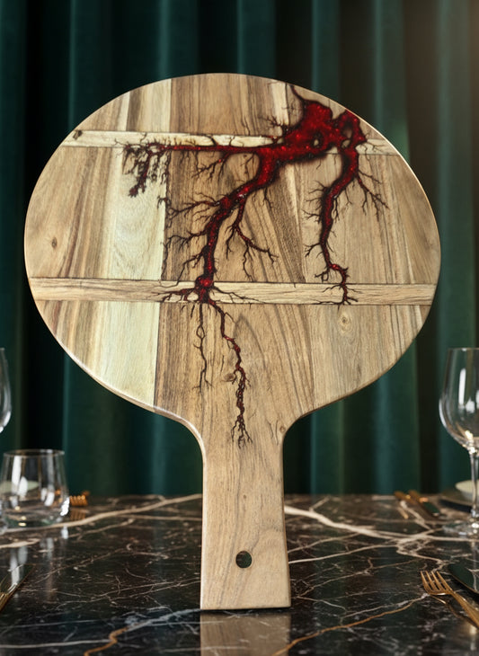 Resin cheese board with red flash detail handmade by Fractal Flow Designs Australia