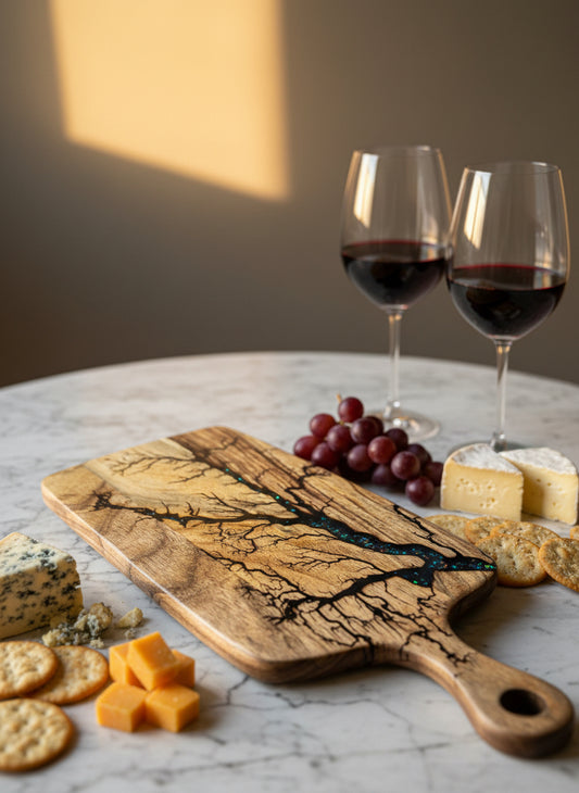 resin cheese paddle board showcasing vibrant resin art and fractal design. Handmade in Victoria, Australia, gift-ready for weddings, birthdays, and anniversaries.