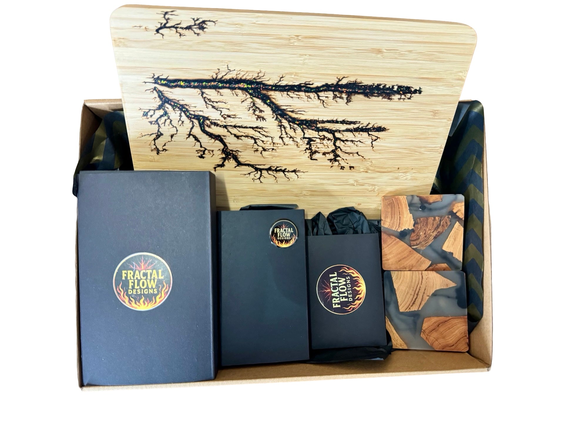 Sustainable bamboo chopping board gift box with resin bottle opener and care kit