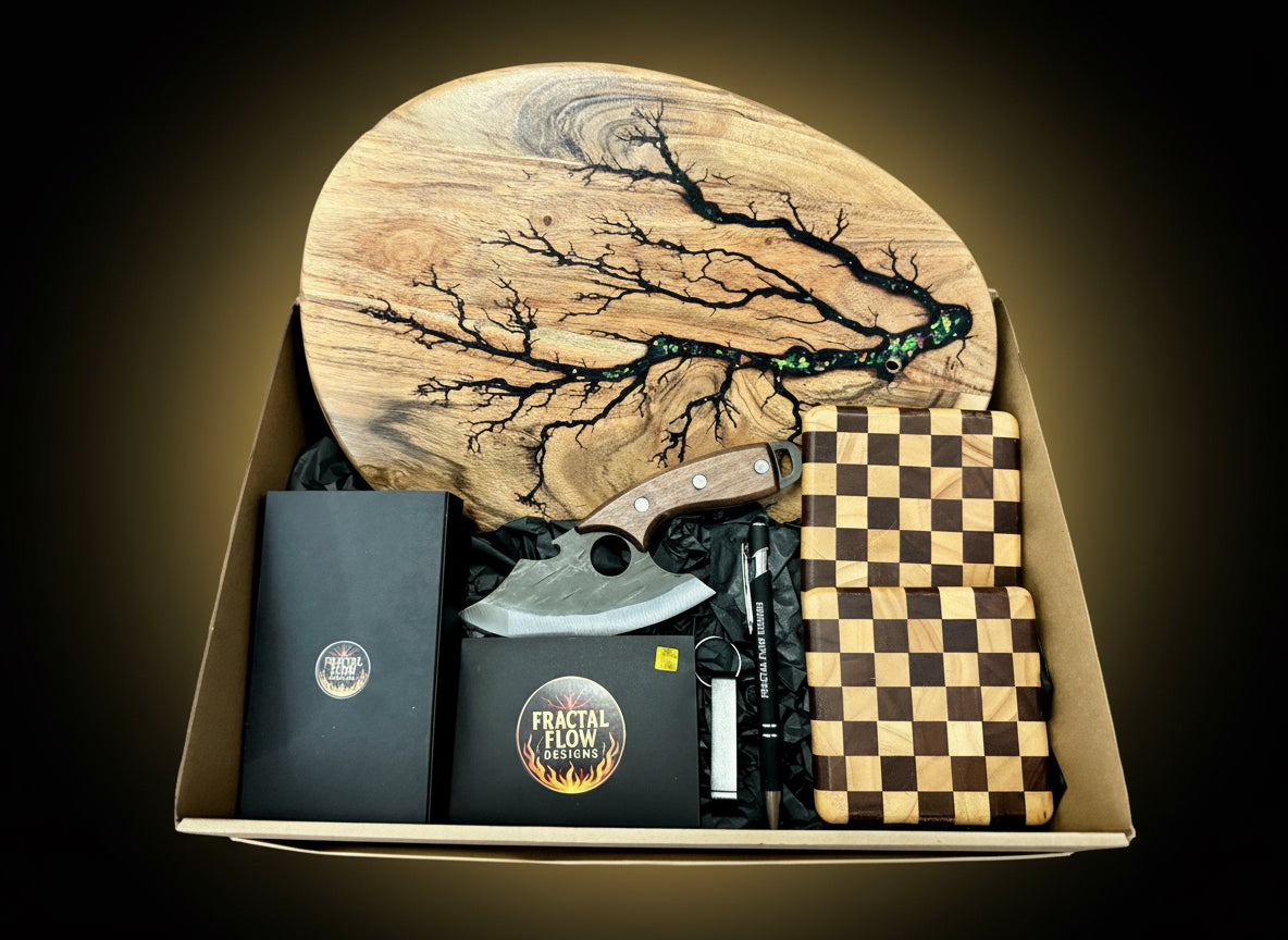 Cheese lovers resin board gift box featuring fractal burnt art and care kit by Fractal Flow Designs