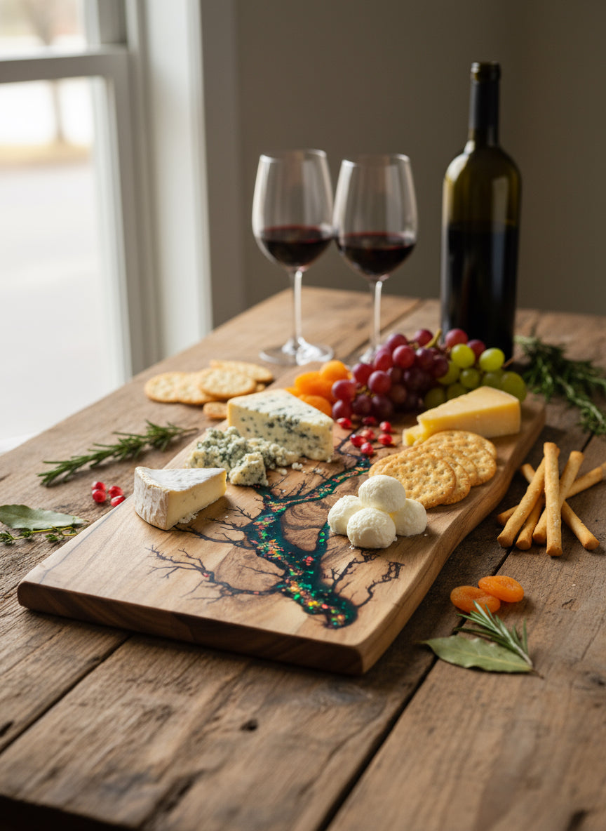 Fractal Flow Designs live edge resin board crafted in Bairnsdale, Victoria – unique homeware