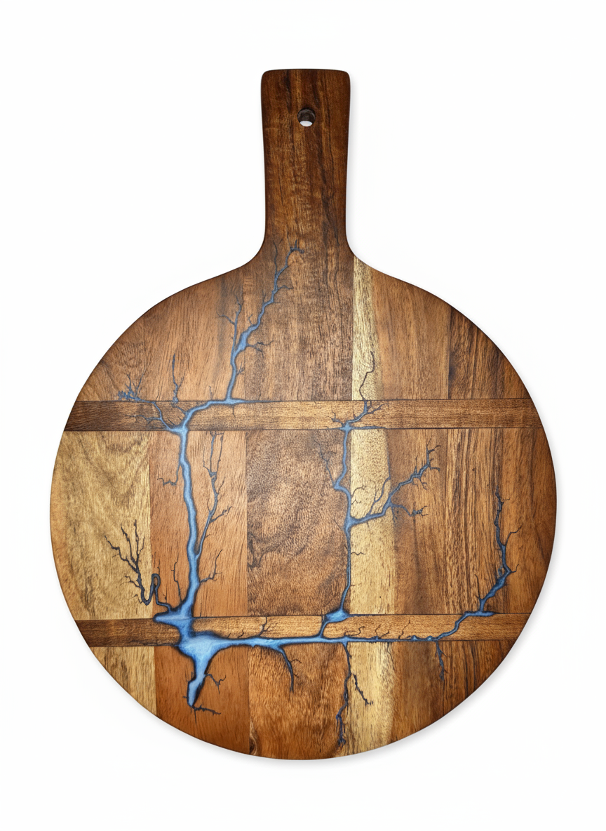 Round resin cheese paddle board handmade in Bairnsdale Victoria by Fractal Flow Designs – premium Australian timber platter for cheese, charcuterie, grazing, weddings, and gifting.