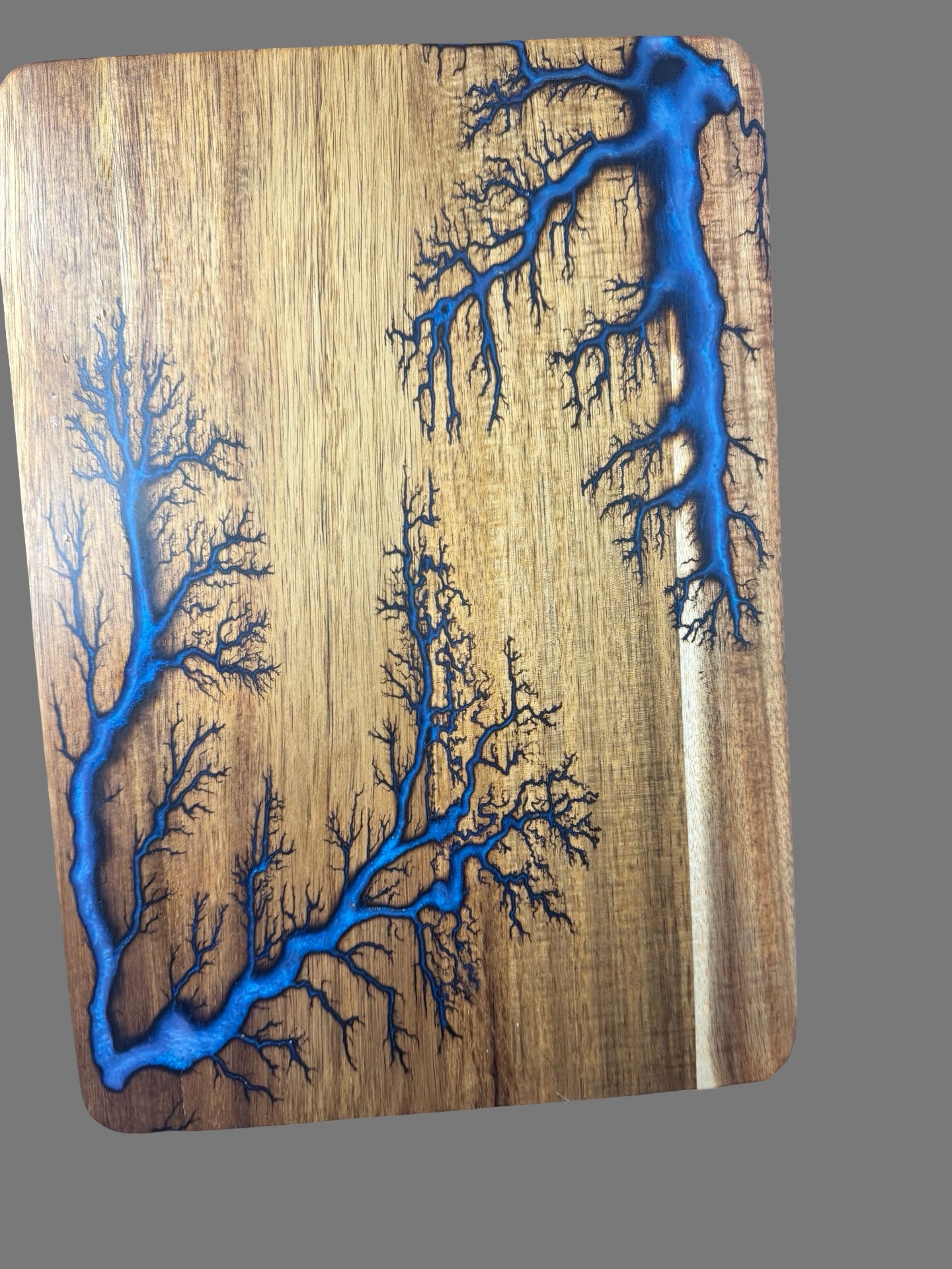 Handcrafted iridescent blue resin chopping board made in Victoria by Fractal Flow Designs - Premium artisan kitchenware combining natural wood and epoxy resin art — food-safe and long-lasting