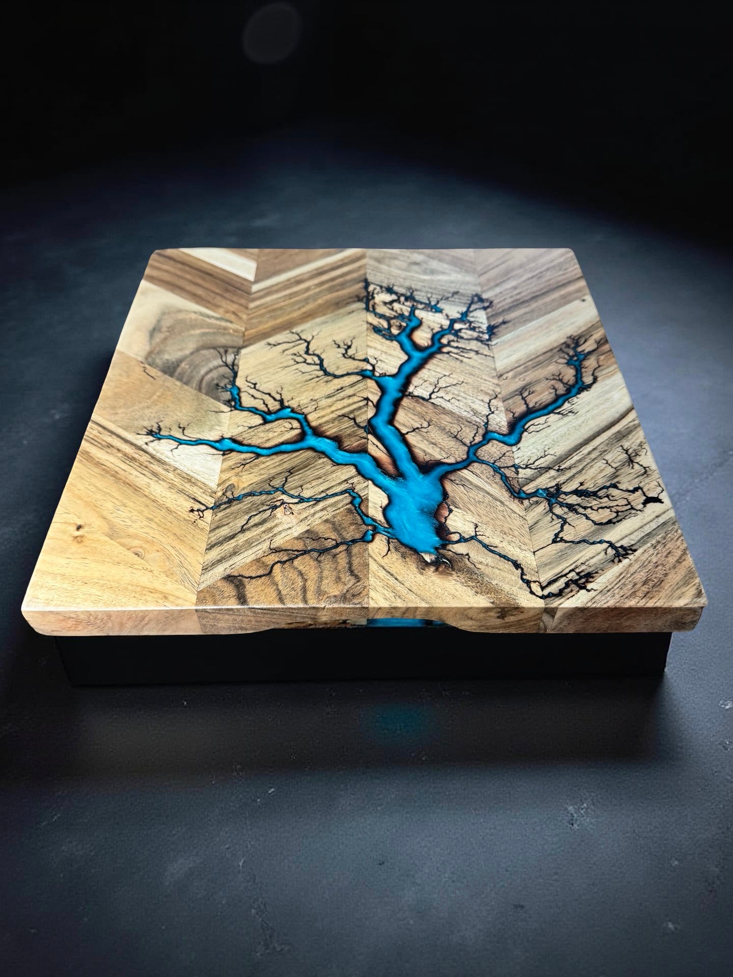 Mermaid blue resin chopping board 320 x 320 handcrafted Australian hardwood square design artisan made in East Gippsland premium resin boards Australia by Fractal Flow Designs