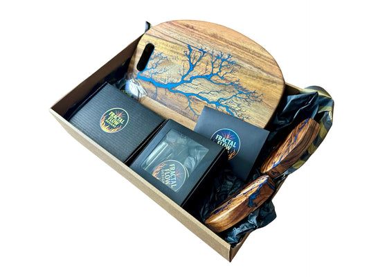 Blue resin and timber cheese board boxed gift set made in Australia