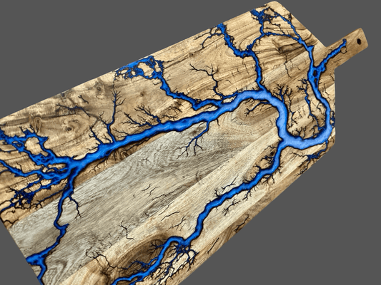 Luxury grazing paddle by Australian Resin Boards – handmade hardwood and resin serving board, East Gippsland craftsmanship with fractal burning detail, standout piece for grazing tables, premium BBQ setups, and gourmet dining.