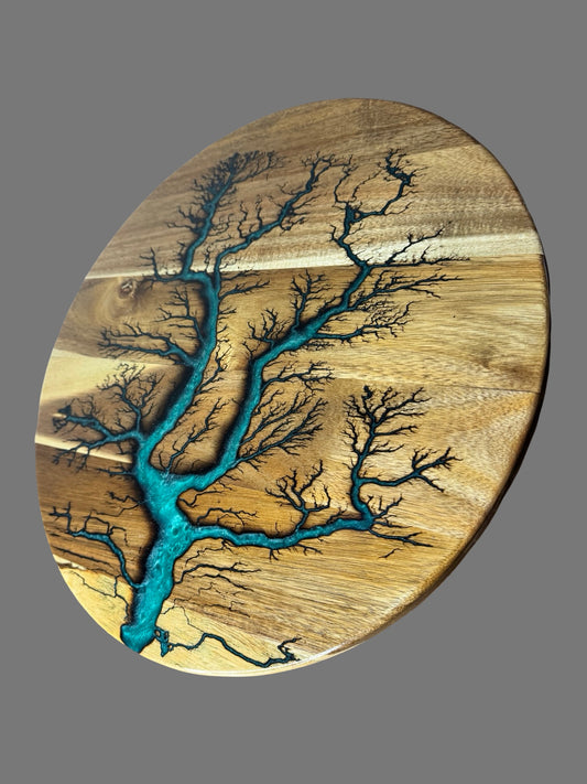 Marine green resin art lazy Susan with high voltage fractal burn patterns Australian timber craftsmanship from Fractal Flow Designs resin boards Australia