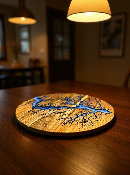 Iridescent blue resin Lazy Susan 400mm diameter used as elegant centrepiece on dining table, handcrafted from Australian acacia timber, premium resin art by Fractal Flow Designs, lifestyle entertaining decor East Gippsland