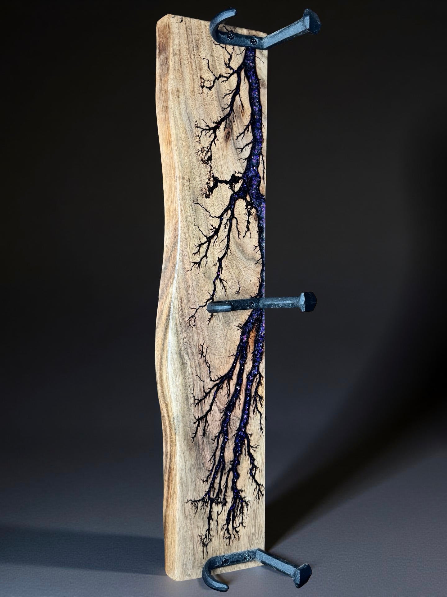 Purple resin coat rack with textured fractal burn, premium Victorian craftsmanship