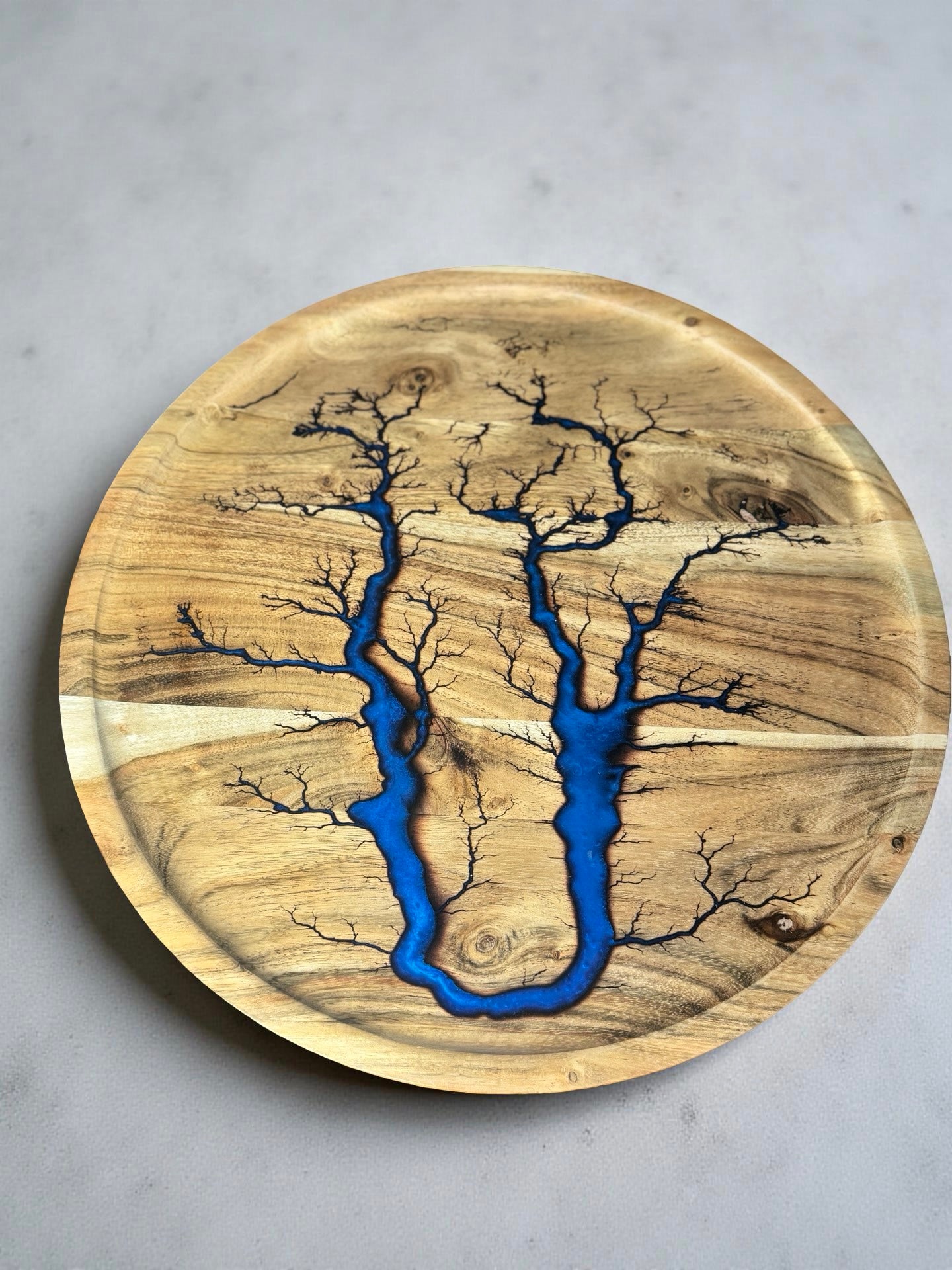 Premium sapphire blue resin tray with fractal burning art Australian made