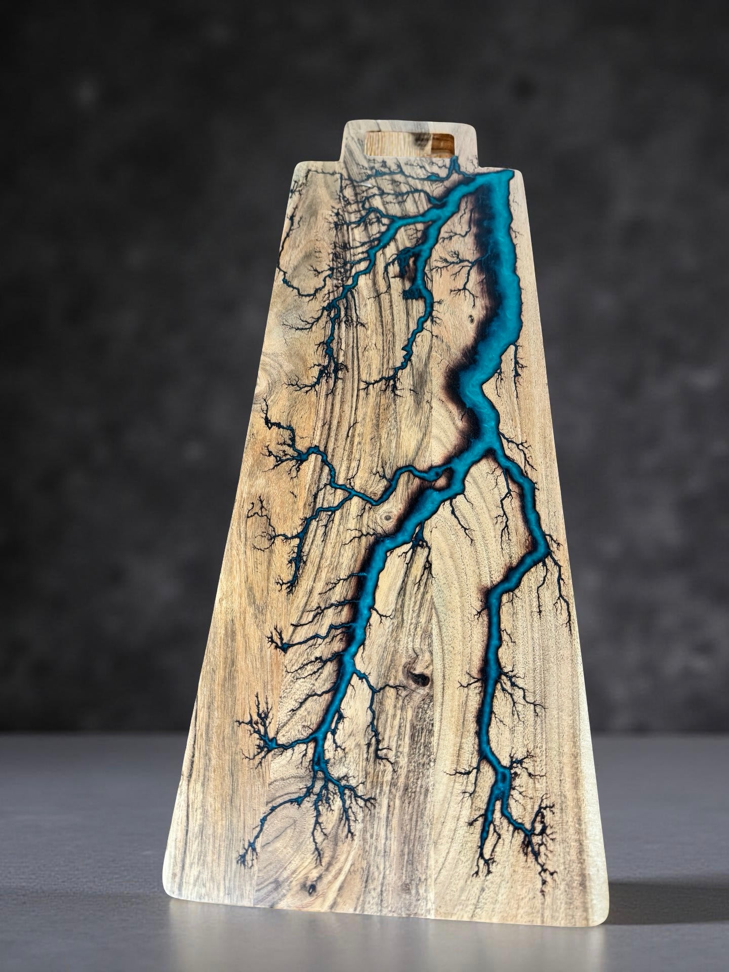 Teal resin charcuterie board handcrafted in Australia with fractal burning art East Gippsland