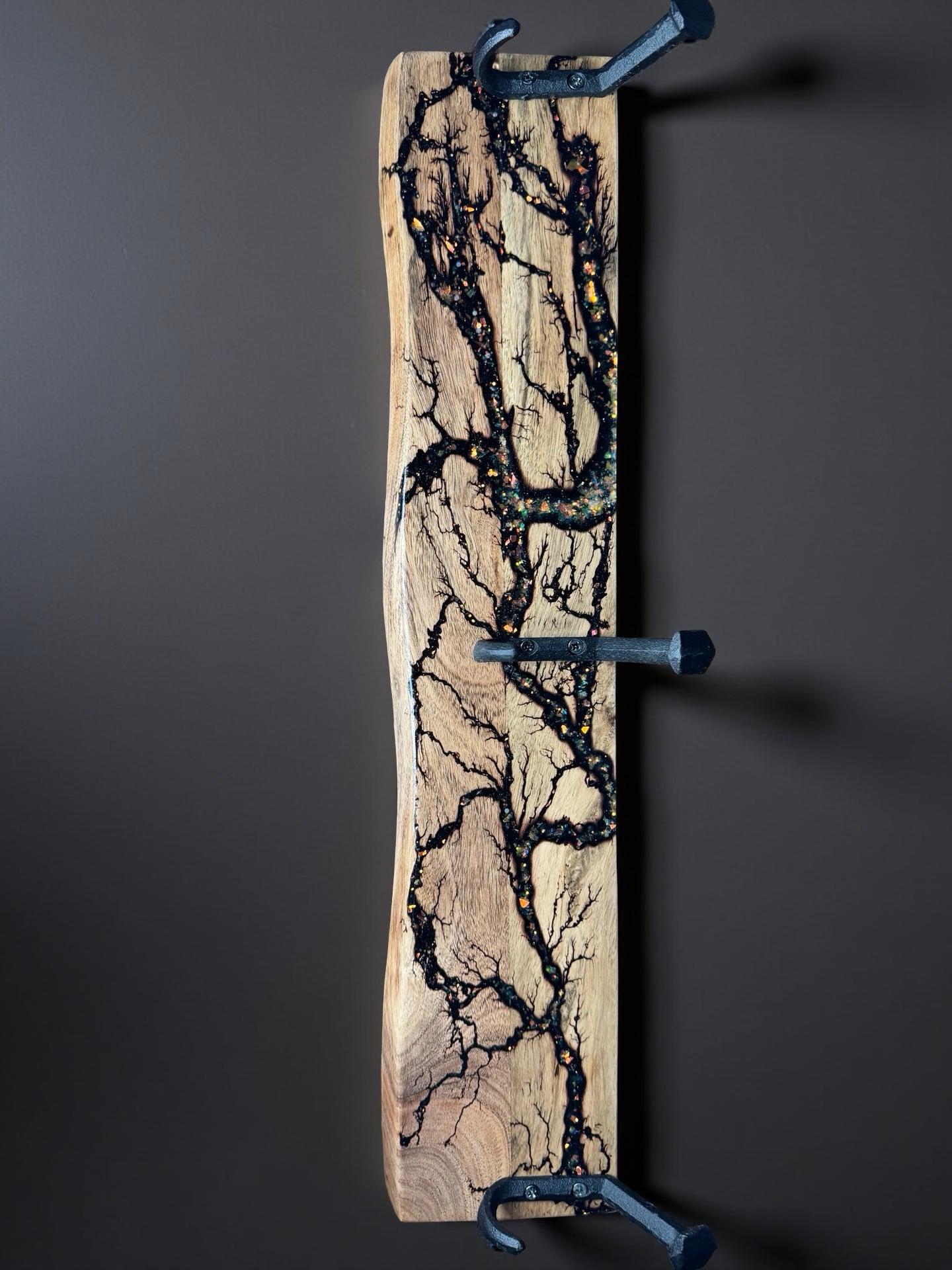 Holographic resin coat rack with polished hooks, Australian timber décor