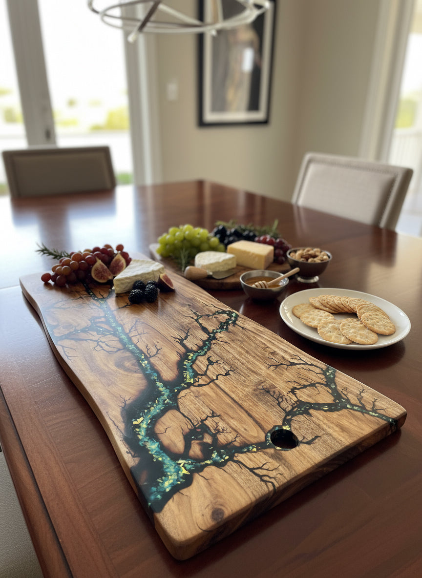 Unique resin and timber live edge board – handcrafted grazing and cheese platter, Fractal Flow Designs Australia.