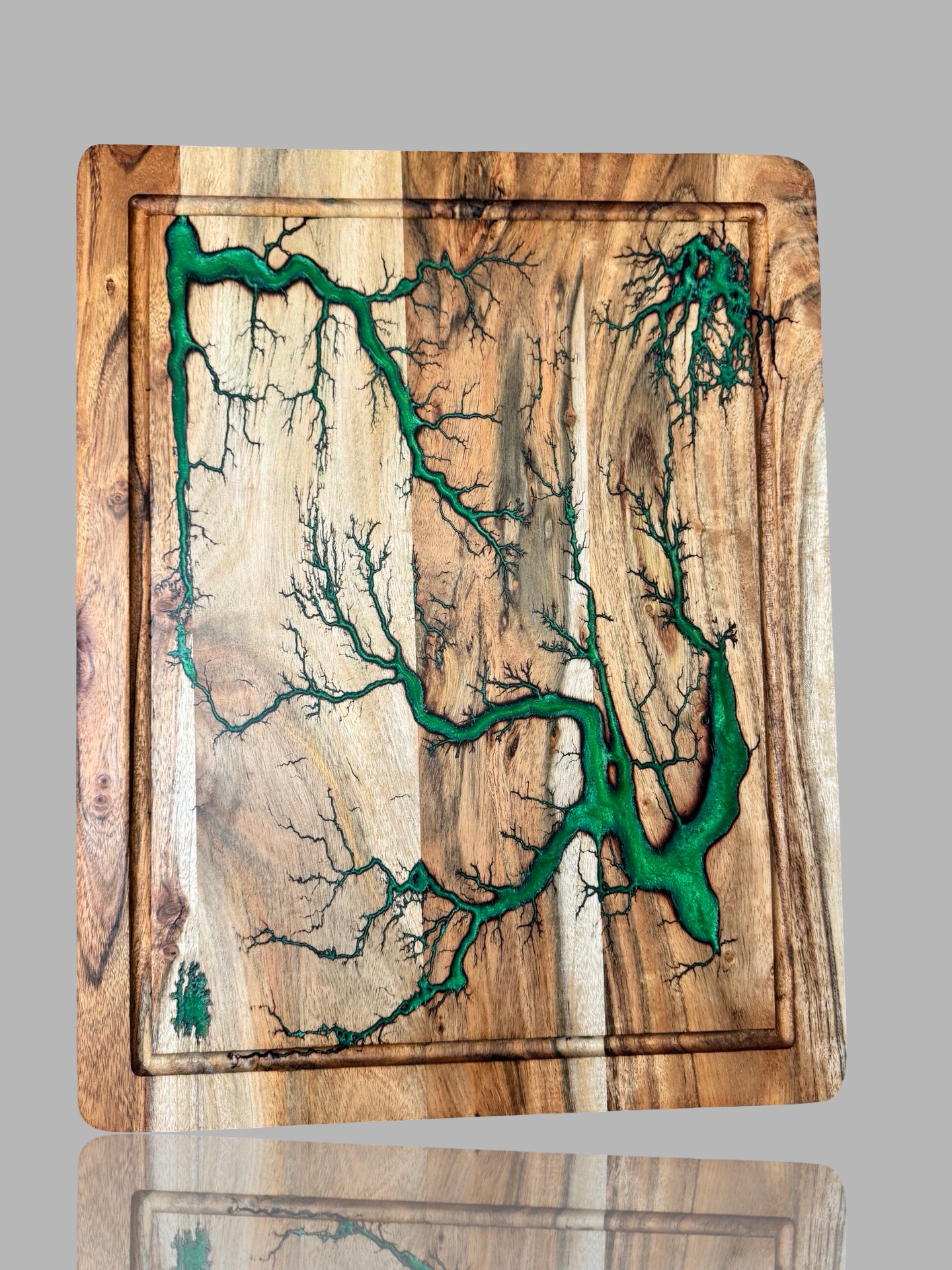 Timber and resin chopping board by Fractal Flow Designs — premium Australian product with fractal burn artistry