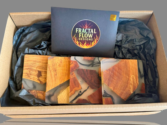 East Gippsland Artist Fractal Flow Designs resin coasters – handcrafted timber and resin pieces, perfect for protecting surfaces and elevating home décor.