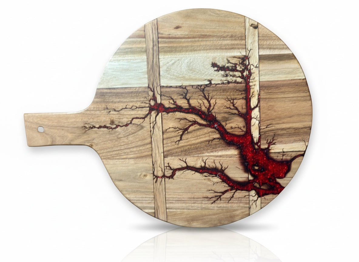 Premium resin cheese board red flash design by Fractal Flow Designs East Gippsland