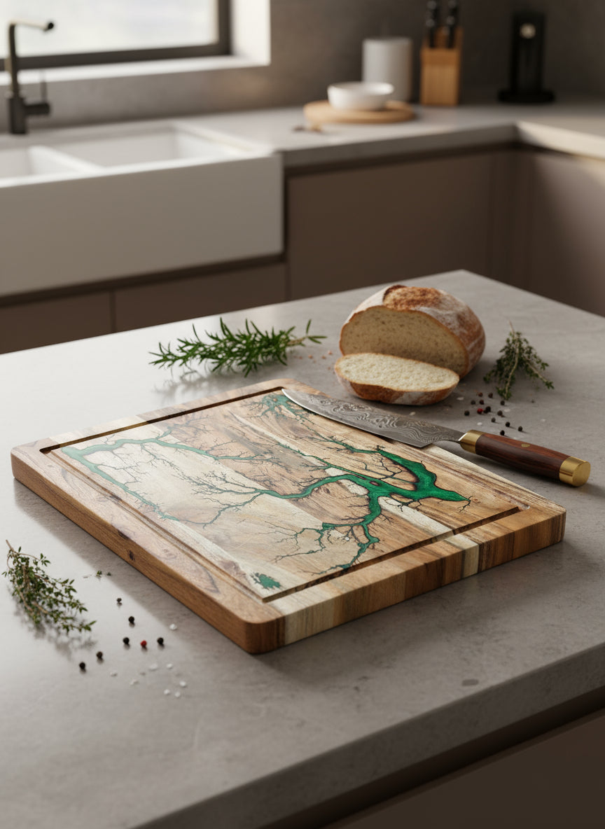 Premium resin chopping board for home or gift use — handcrafted Australian timber and resin artistry by Fractal Flow Designs.