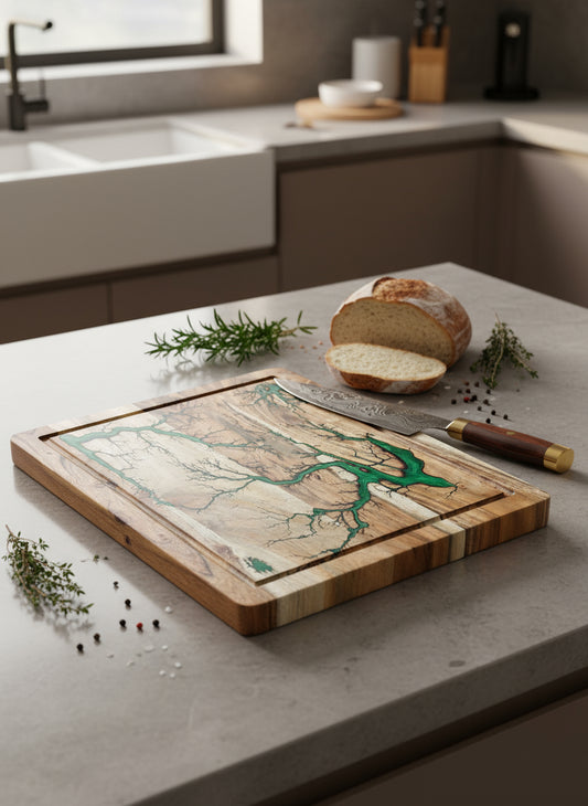 Premium resin chopping board for home or gift use — handcrafted Australian timber and resin artistry by Fractal Flow Designs.