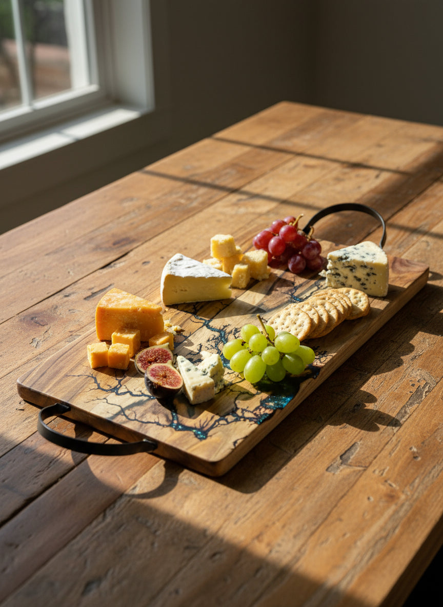 Timber and resin serving paddle handcrafted in Bairnsdale by Fractal Flow Designs. Australian-made board showcasing fractal burn artistry, perfect for grazing spreads and gifts