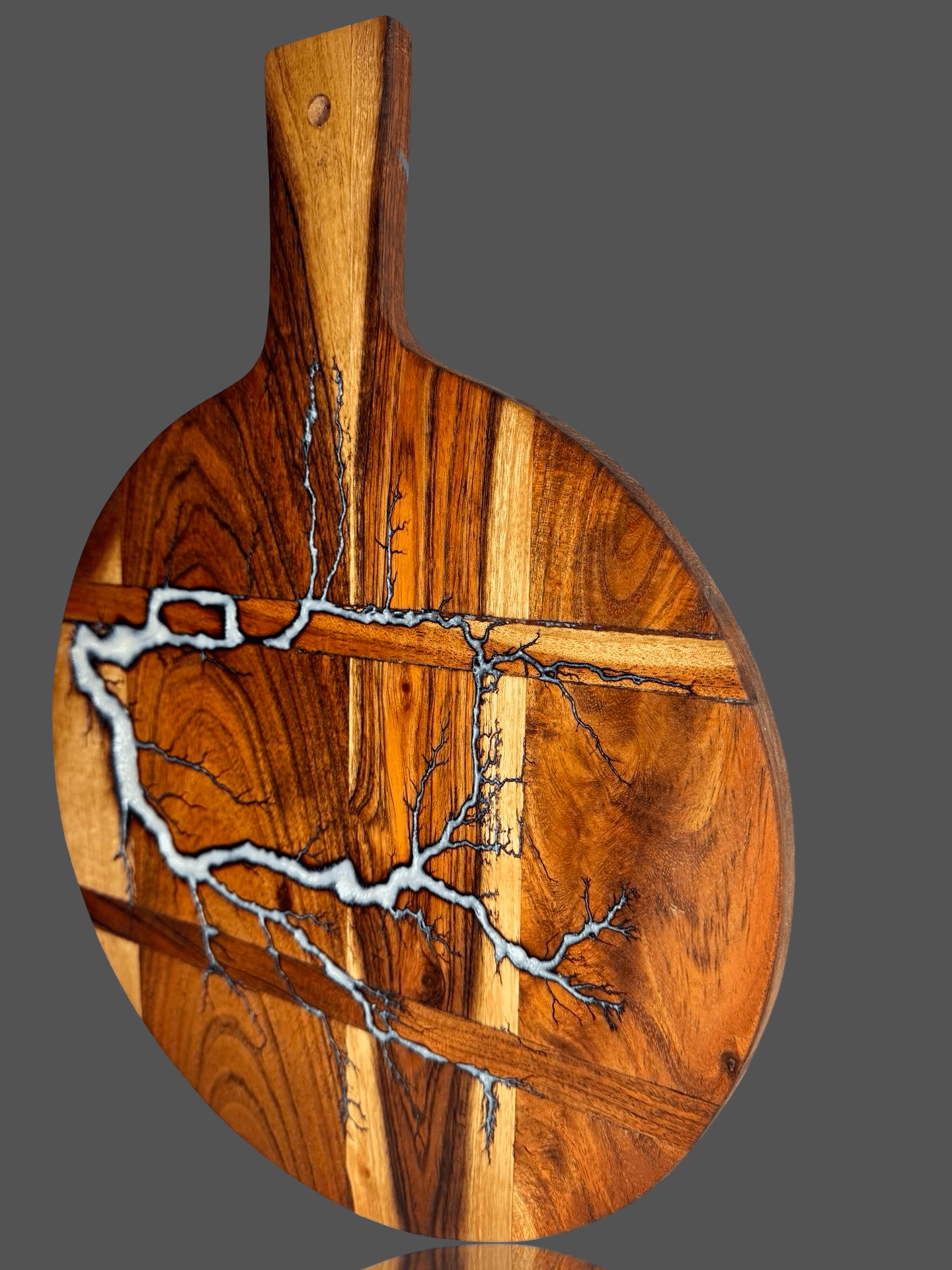 East Gippsland Victoria round resin cheese board – part of the Australian Resin Boards collection by Fractal Flow Designs, handcrafted timber platter with resin art design, perfect for charcuterie boards and luxury Australian gifts.