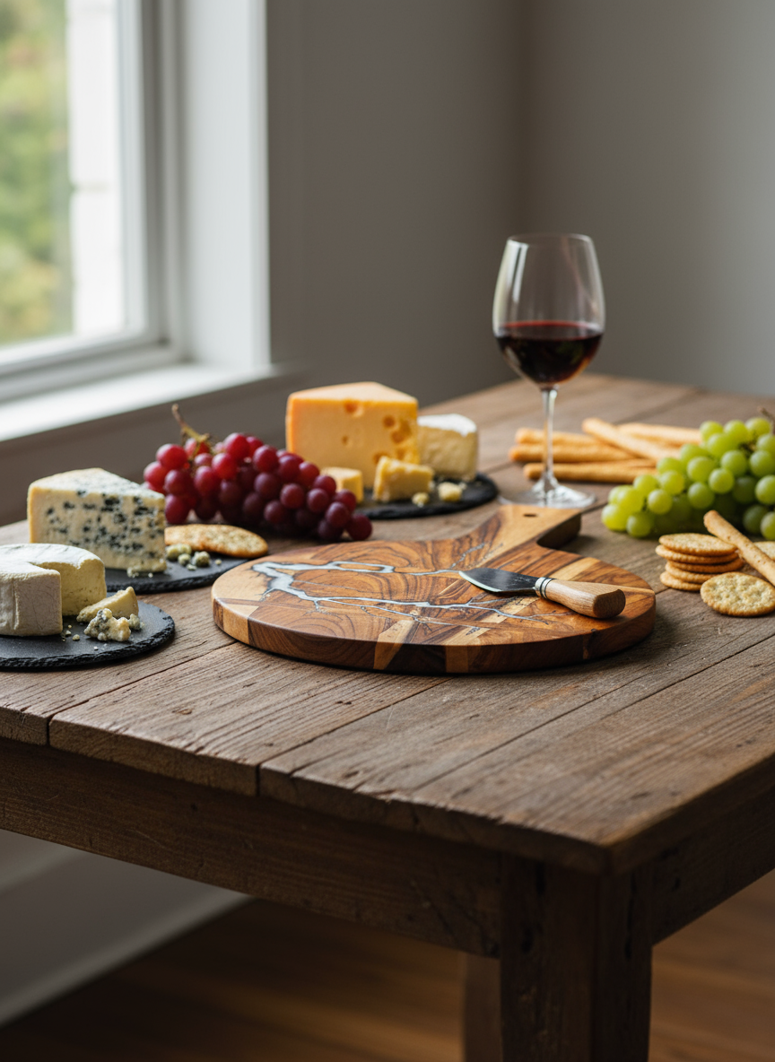 Australian Resin Boards premium round cheese platter – handcrafted in East Gippsland, Victoria, combining sustainable timber with resin artistry; ideal as a charcuterie board, grazing platter, or wedding gift.