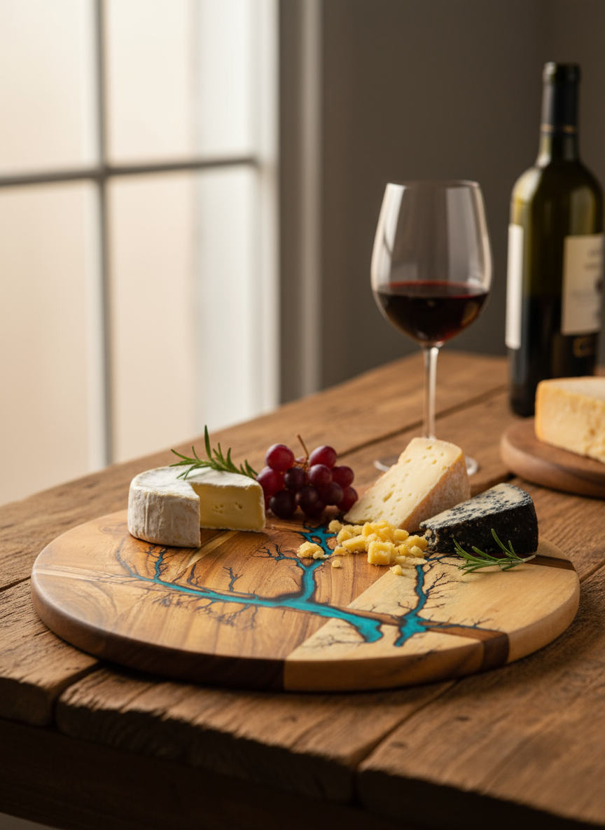 High quality Australian Resin Boards round cheese board – handcrafted timber and resin platter made in East Gippsland, Victoria, perfect for charcuterie spreads, wine and cheese nights, and special occasion gifting.