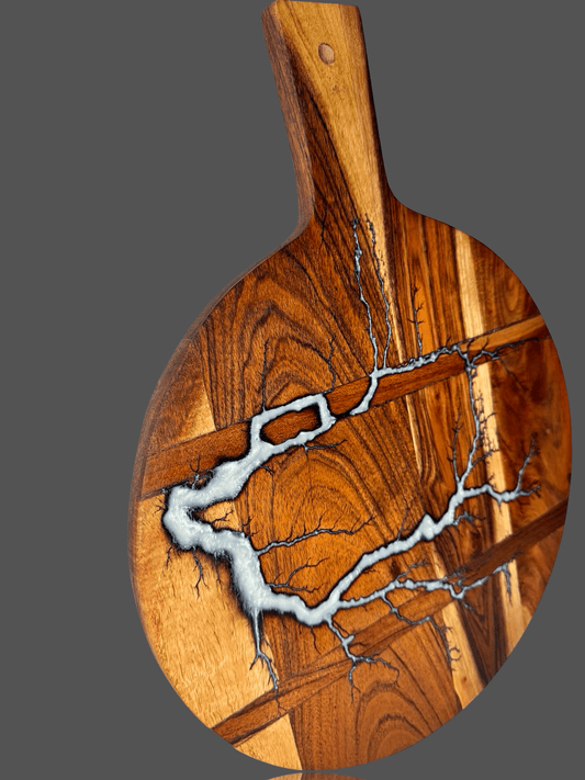 Fractal Flow Designs Australian Resin Boards – premium round resin cheese board made in Bairnsdale, East Gippsland, Victoria; artisan timber serving platter ideal for weddings, birthdays, anniversaries, and gourmet entertaining.