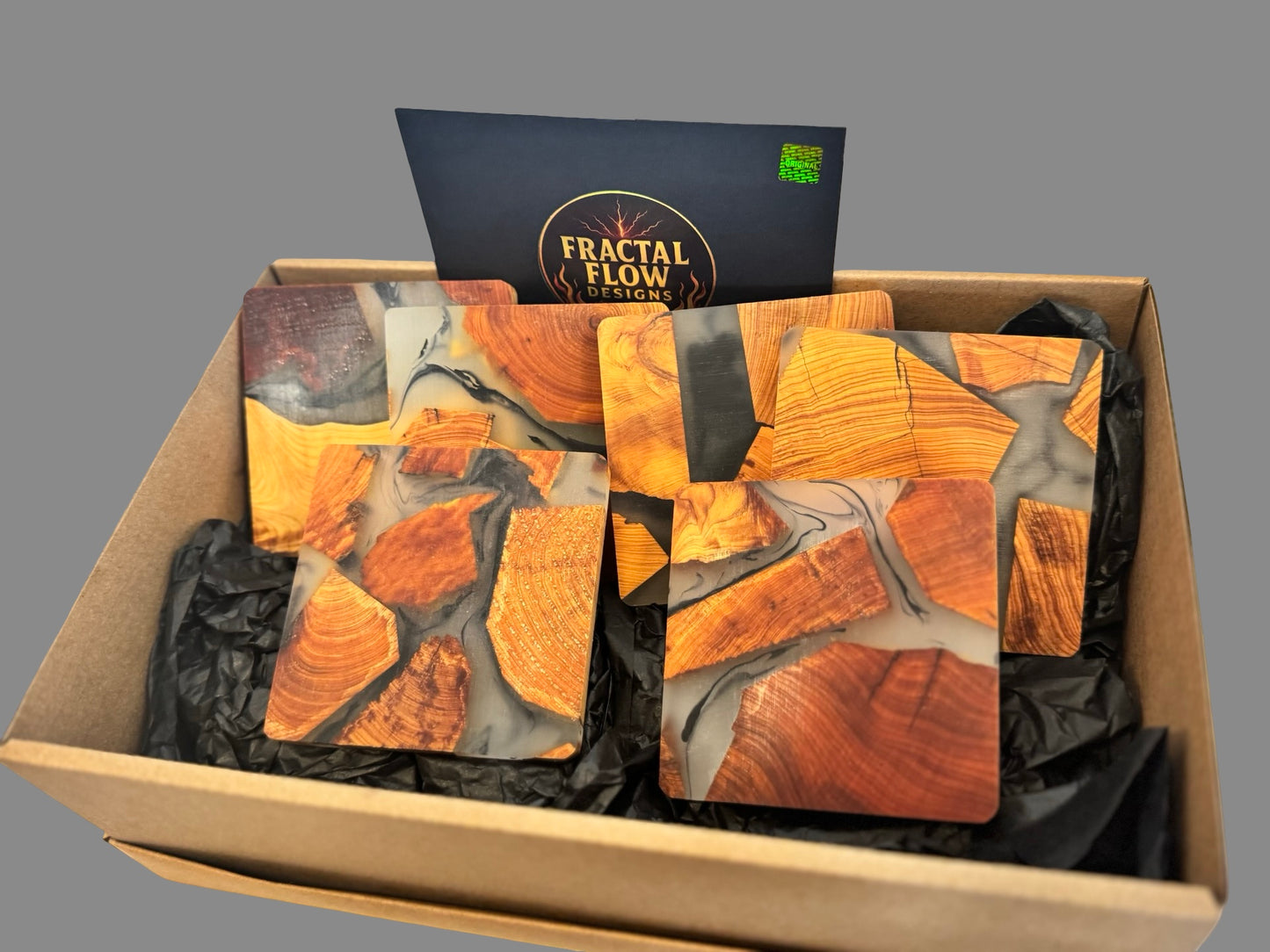 Resin coasters East Gippsland VIC – handcrafted timber drinkware accessories by Fractal Flow Designs, Australian-made.