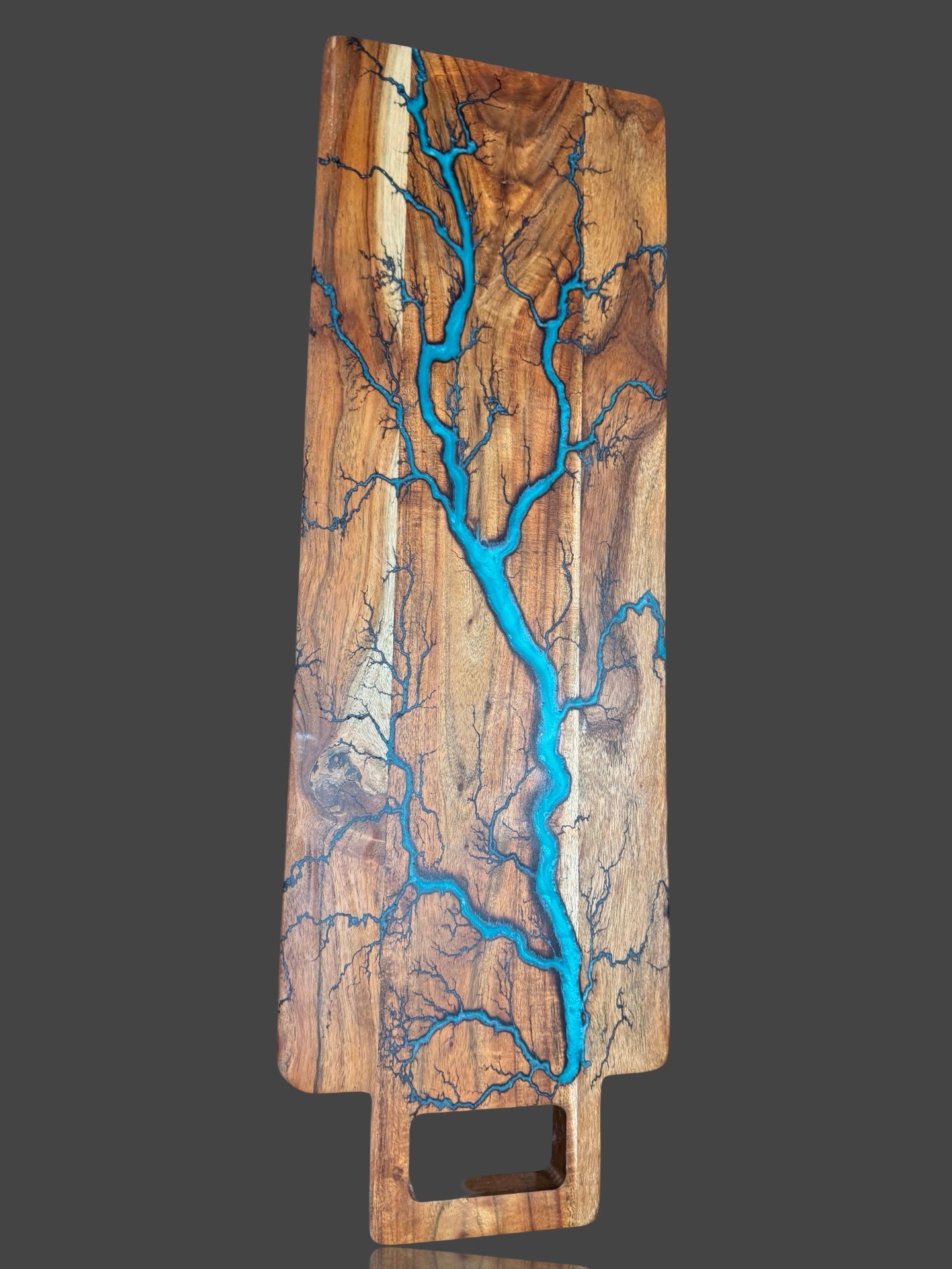 Fractal Flow Designs charcuterie board – premium Australian hardwood with resin art and fractal burning. Handcrafted timber platter for cheese, grazing, and entertaining. Made in Bairnsdale Victoria, artisan resin board perfect for weddings and special gifts