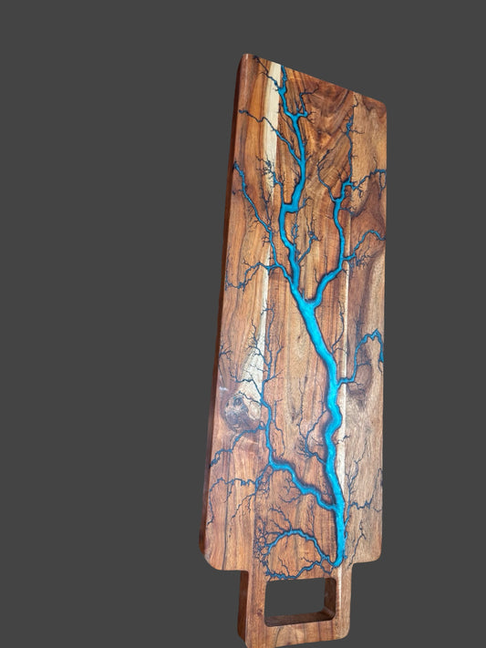 Charcuterie board by Fractal Flow Designs – handcrafted Australian hardwood with resin inlays and fractal burning. Premium timber platter for cheese, grazing, and entertaining. Artisan resin serving board made in Bairnsdale Victoria. Perfect for weddings and gifts.