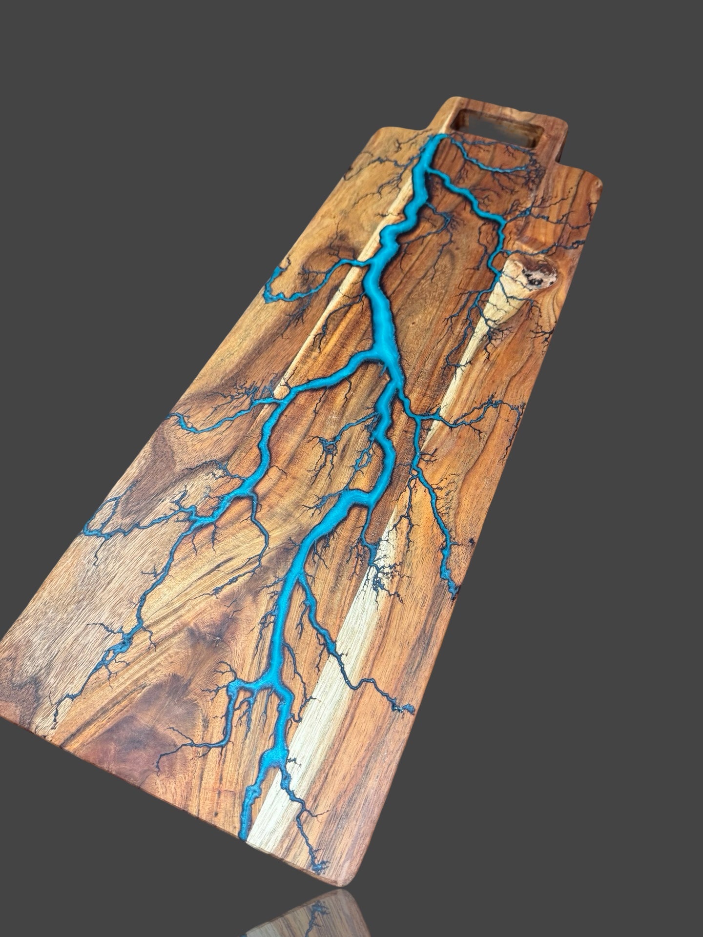 Handcrafted charcuterie board by Fractal Flow Designs – Australian hardwood with resin details and fractal burning. Artisan serving board for cheese, grazing, and platters. Premium timber resin board made in Bairnsdale Victoria. Ideal for weddings and events.