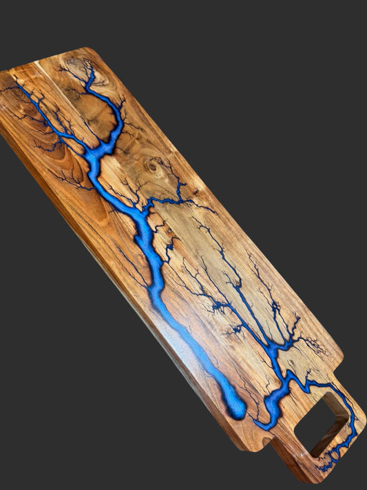 Handmade charcuterie board by Fractal Flow Designs – artisan Australian hardwood with resin inlays and bold fractal burning. Premium timber platter for cheese, grazing, and wine nights. Unique resin board crafted in Bairnsdale Victoria, ideal wedding and housewarming gift.