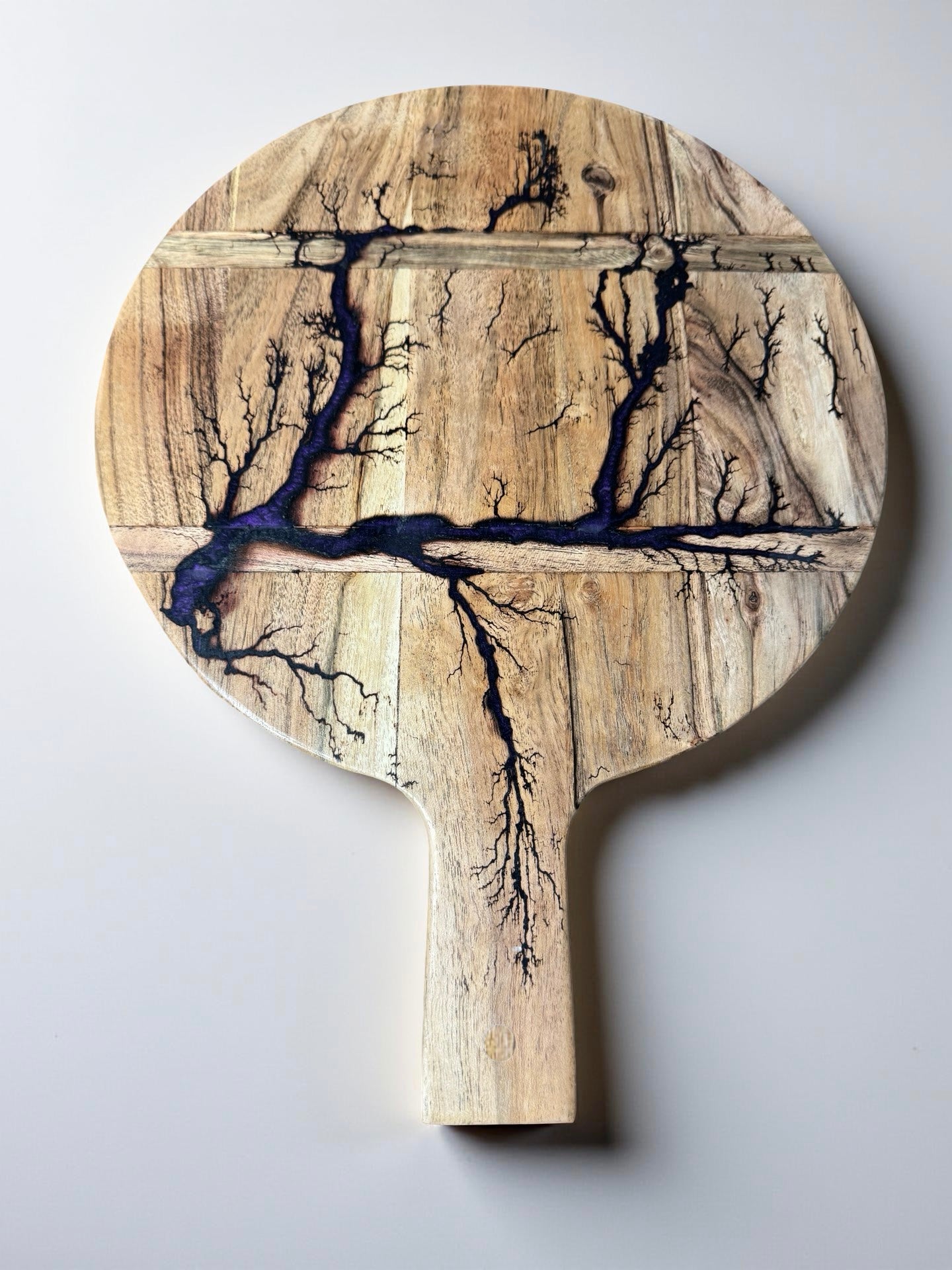 Purple resin round cheese paddle acacia resin boards Australia artisan build with fractal burning