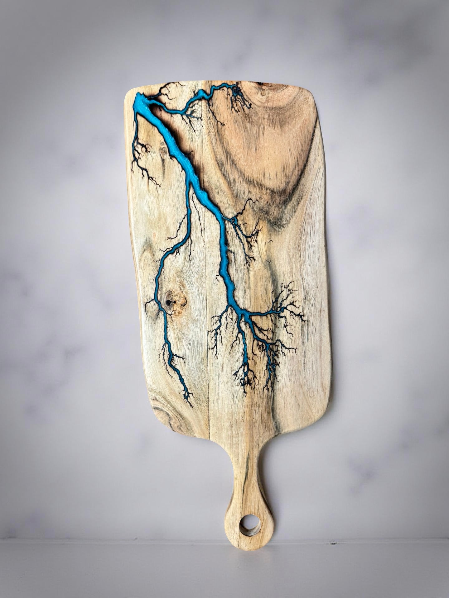 Lagoon blue resin acacia rectangle cheese paddle resin boards Australia bold fractal burning art