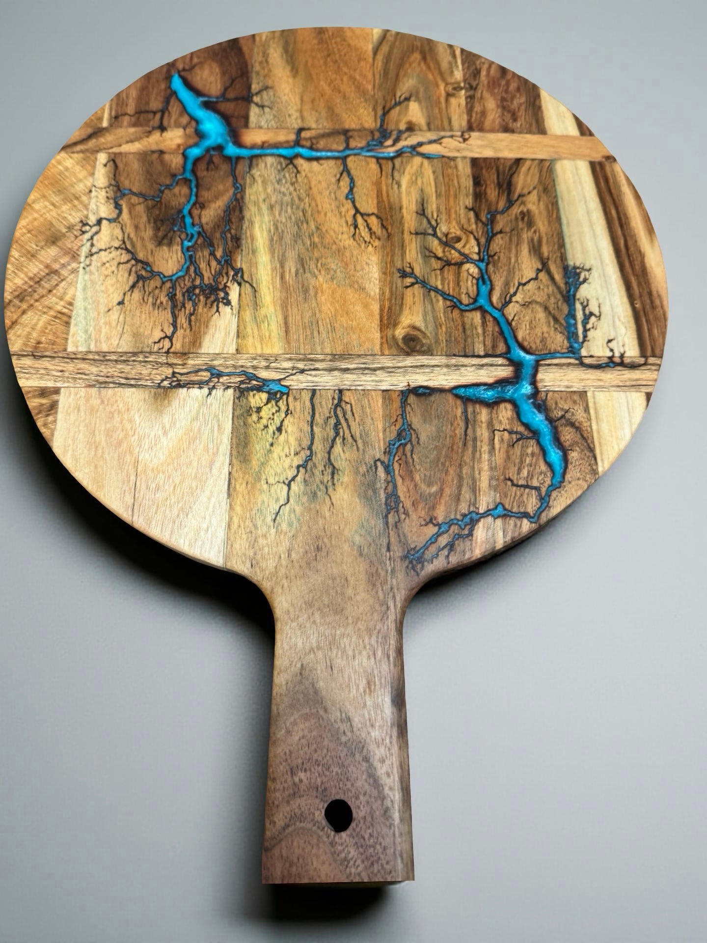 Lagoon blue resin round acacia cheese paddle with fractal burning art resin boards australia east gippsland
