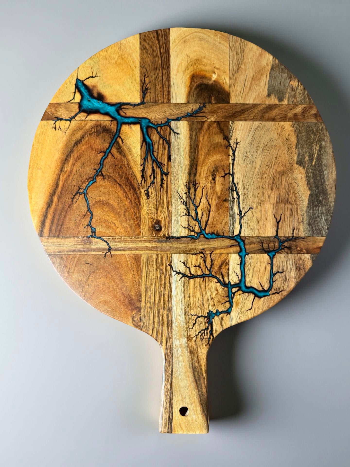Lagoon blue resin art cheese board round acacia paddle electric pattern resin boards australia