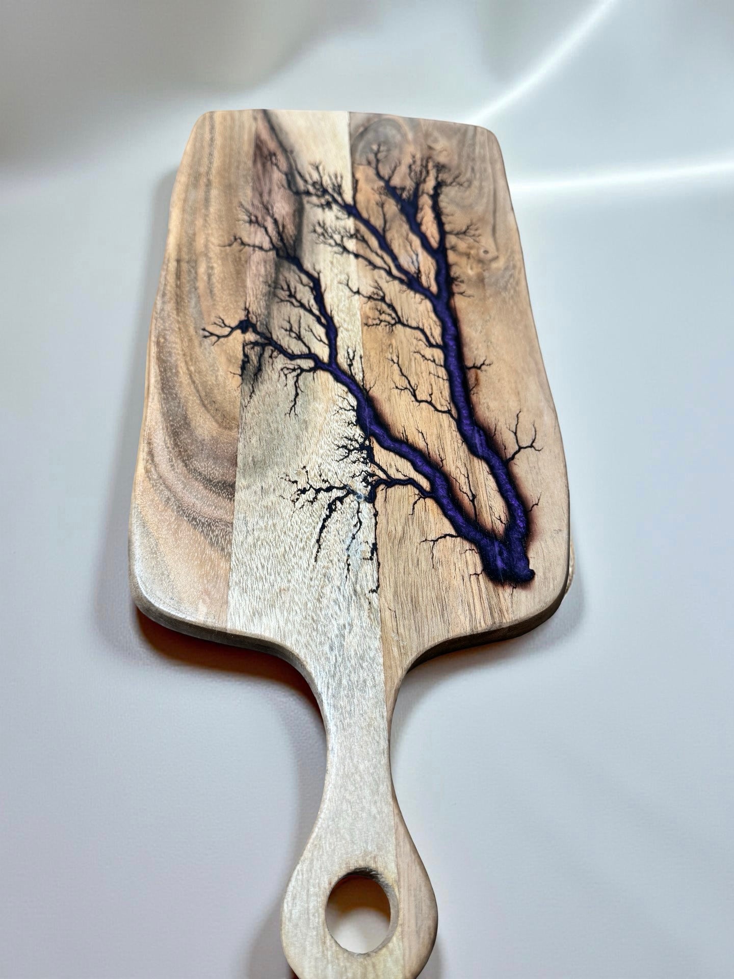 Handcrafted acacia cheese paddle purple resin art rectangle board fractal burning pattern