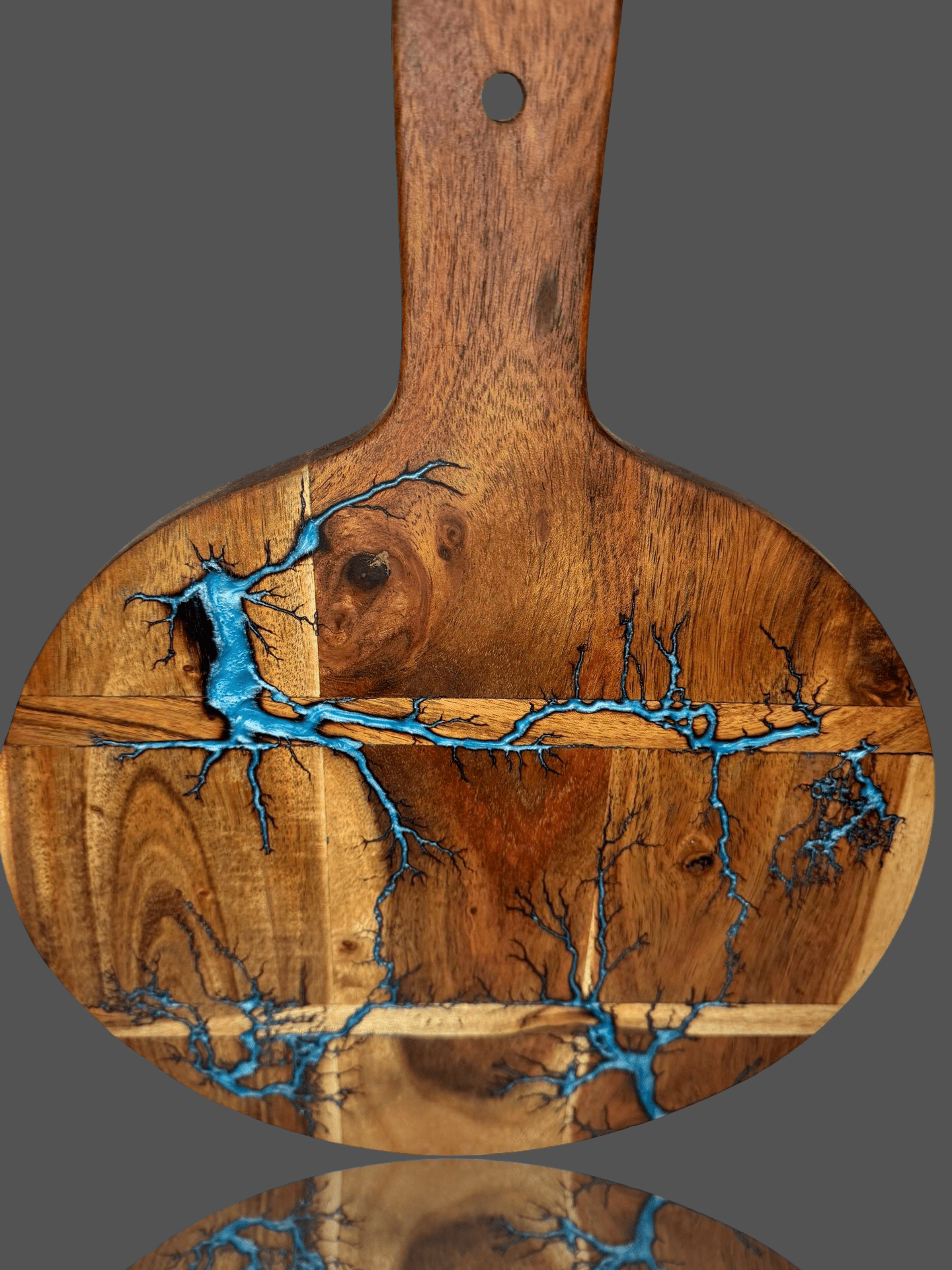 Fractal Flow Designs premium resin cheese board paddle – handcrafted round Australian hardwood serving platter, ideal for cheese, charcuterie, grazing spreads, and statement gift occasions.